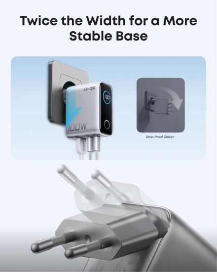 Kućni punjač ANKER KP GaN, 100W, 2x USB-C, USB-A, Kabel C-C, sreberni