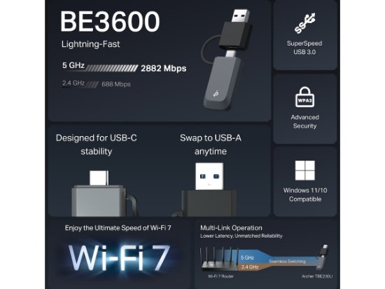 Mrežni adapter TP-LINK Archer TBE230U, USB 3.0 / USB-C 3.0, Wi-Fi 7, USB adapter, za bežičnu mrežu