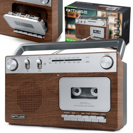Radio kasetofon MUSE M-152 WS, Analog FM i MW (AM), kasetofon s funkcijom snimanja, napajanje baterija/AC, smeđe/drvo