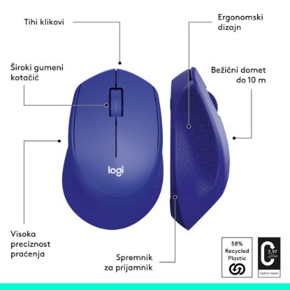 Miš LOGITECH M330 Silent Plus, optički, 1000dpi, bežični, plavi, USB