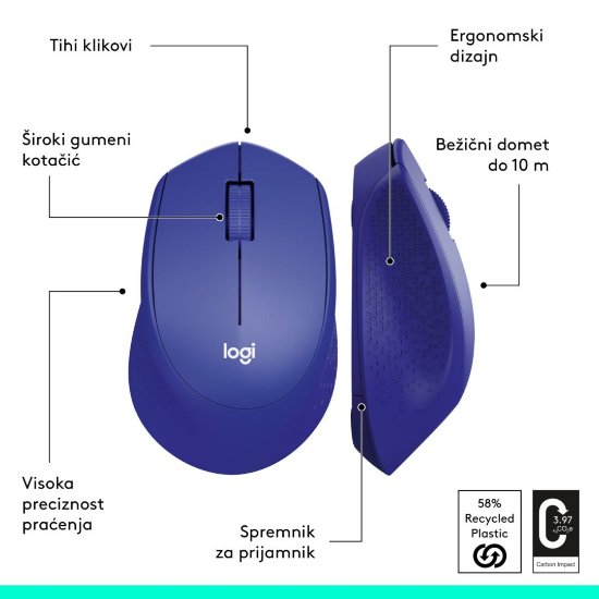 Miš LOGITECH M330 Silent Plus, optički, 1000dpi, bežični, plavi, USB