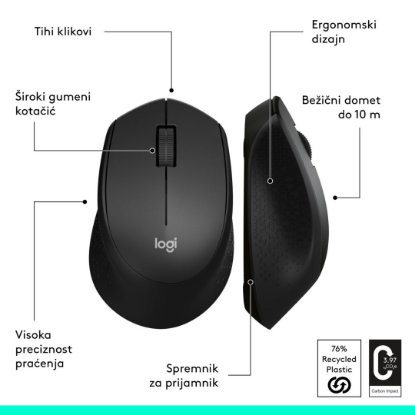 Miš LOGITECH M330 Silent Plus, optički, 1000dpi, bežični, crni, USB