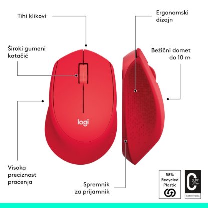 Miš LOGITECH M330 Silent Plus, optički, 1000dpi, bežični, crveni, USB