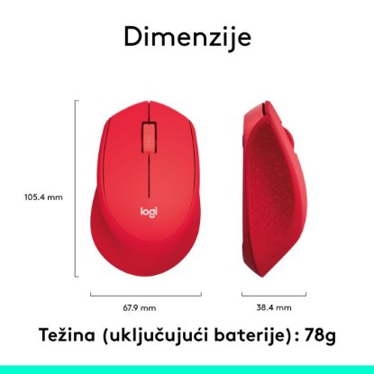Miš LOGITECH M330 Silent Plus, optički, 1000dpi, bežični, crveni, USB