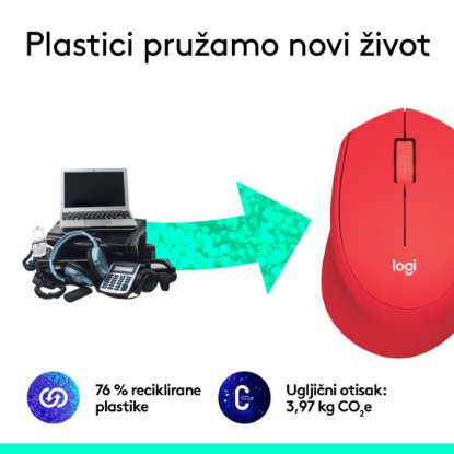 Miš LOGITECH M330 Silent Plus, optički, 1000dpi, bežični, crveni, USB