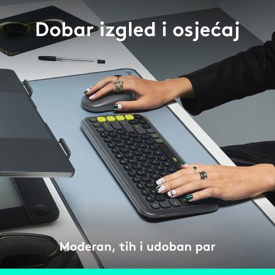 Tipkovnica + miš LOGITECH POP Icon Combo, bežična, US Layout, BT, sivo-zelena