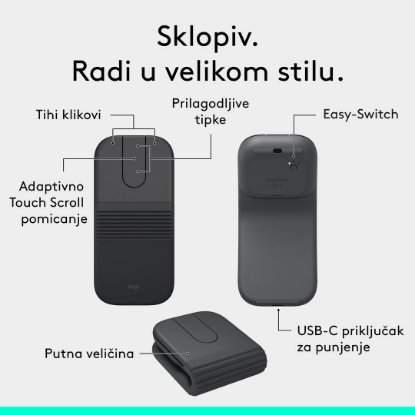 Miš LOGITECH Mobi Fold, bežični, crni