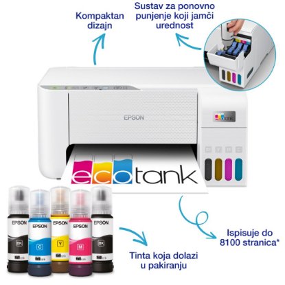 Multifunkcijski printer EPSON EcoTank L3276, printer/scanner/copy, 5760 x 1440, WiFi, USB, bijeli