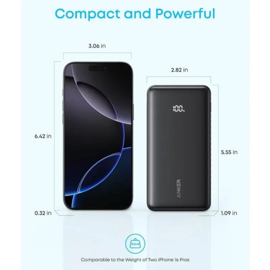 Mobilni USB punjač ANKER Zolo A110D, 10000mAh, brzo punjenje 22,5W, ugrađeni USB-C kabel, crni